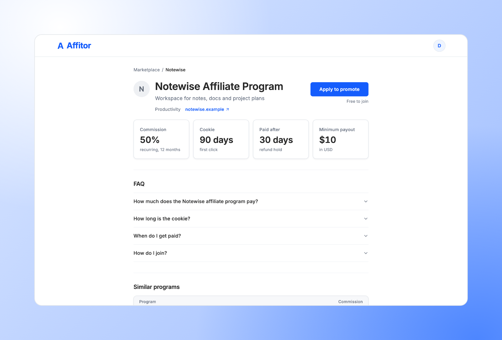 A program page with commission, cookie, paid after and minimum payout tiles